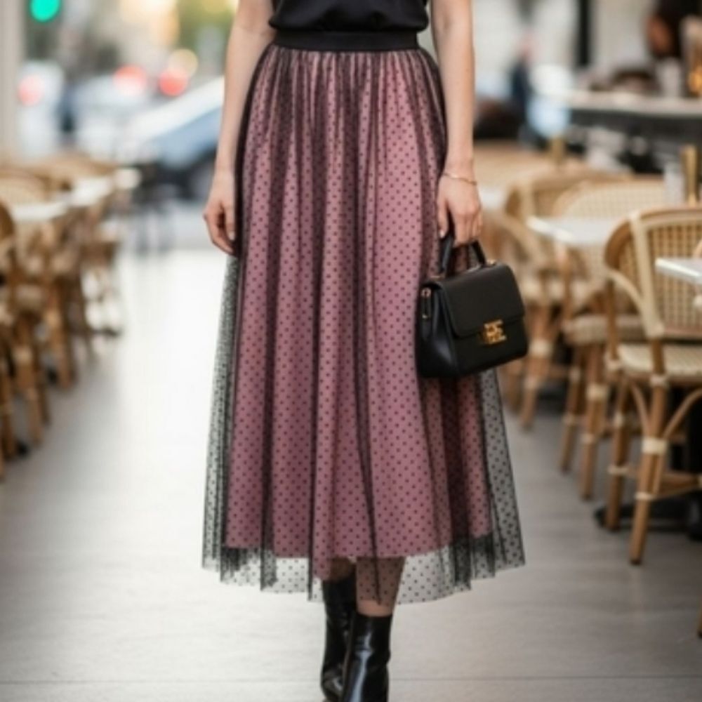 Zara Black and Pink Polka Dot Maxi Skirt
